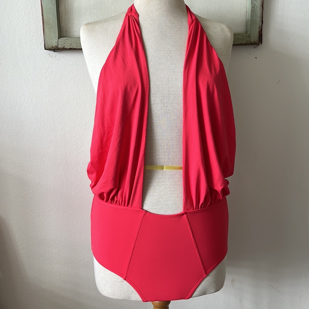 NWT Enya One Piece Halter Tie Swimsuit Size L Beautiful Coral Color